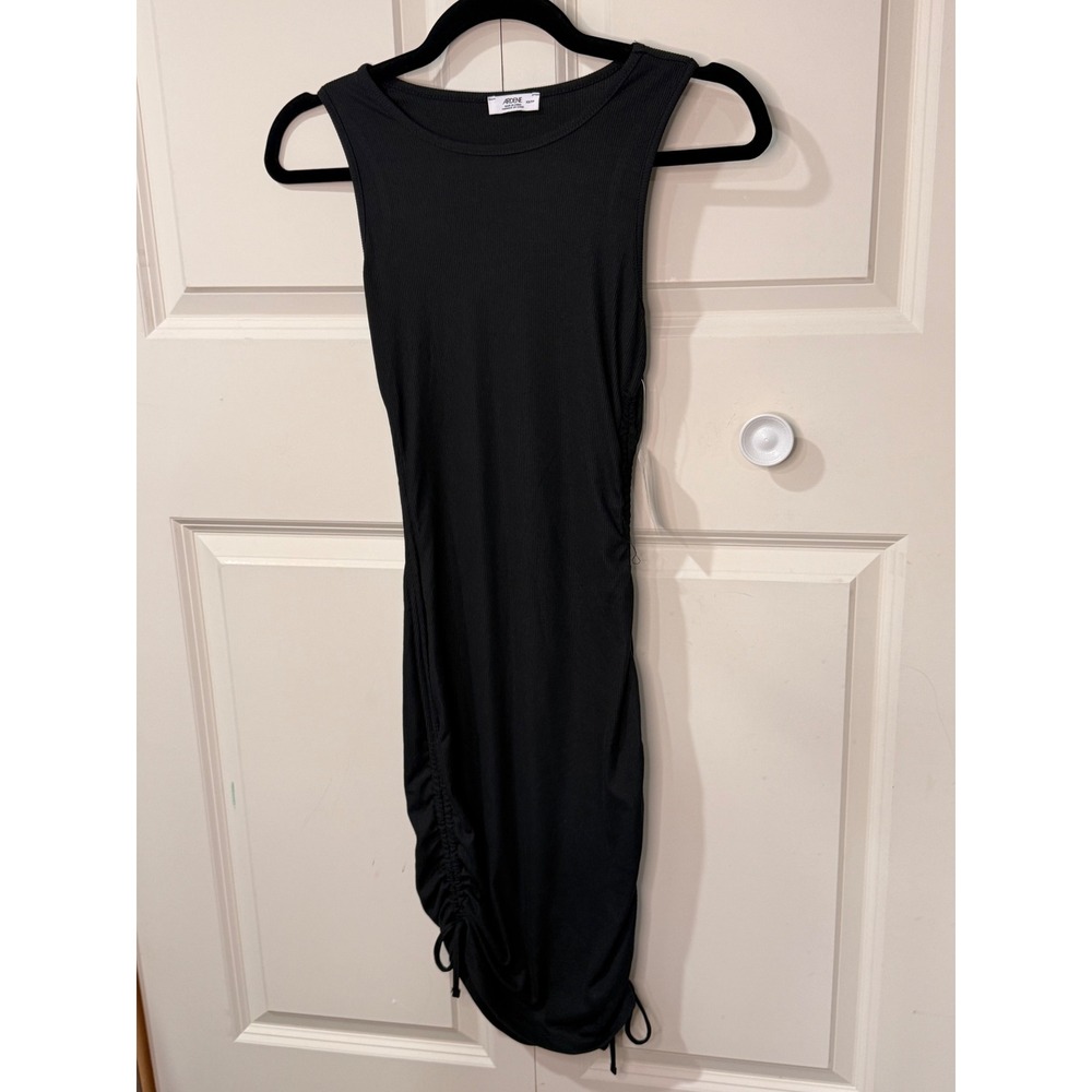 Ardene Black Ribbed Bodycon Mini Dress Side Ruching Drawstring XS NWT